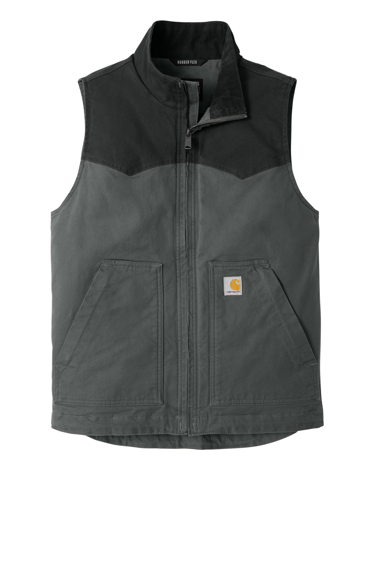 Supplier photo of the blank Carhartt Montana Rugged Flex Duck Vest in black and shadow gray; Millfort Tactical chest logo shown as a digital mockup