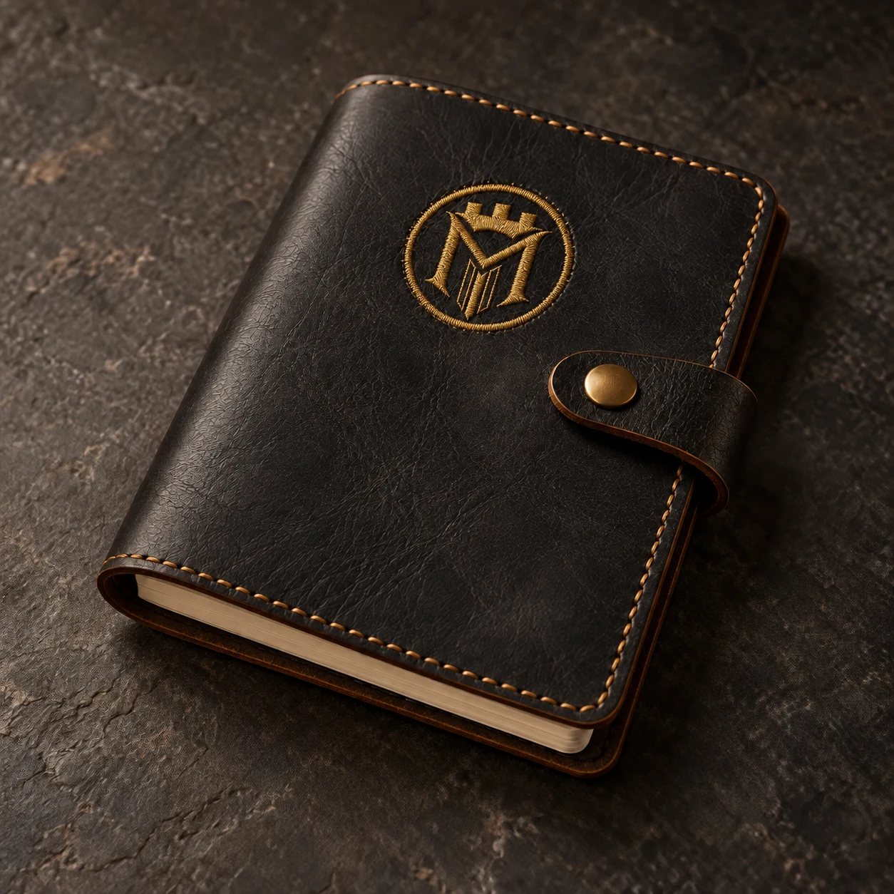 Concept preview of a black leather field journal with an embroidered gold Millfort Group logo