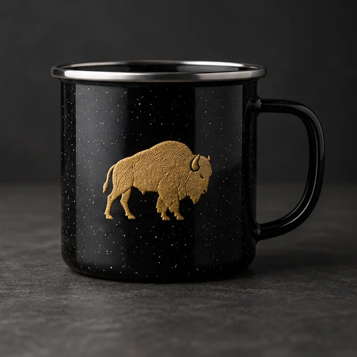 Concept preview of a black camp mug with gold bison emblem
