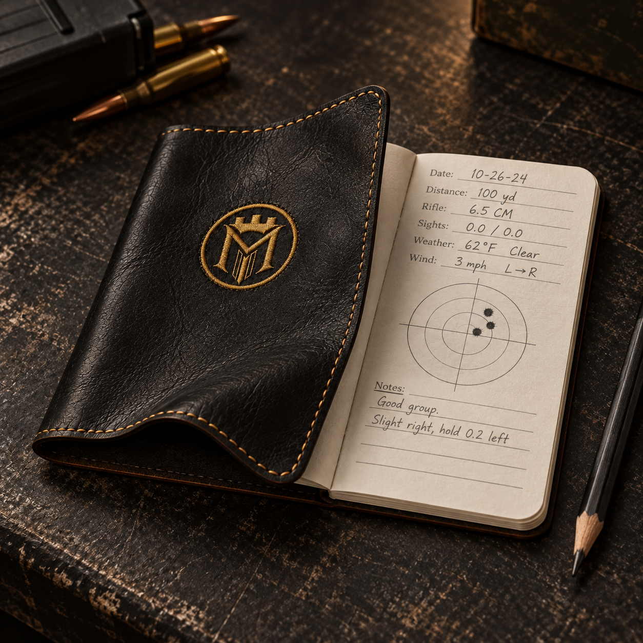 Concept preview of a flexible black leather Millfort range data book with gold stitched logo and original shot-plotting pages
