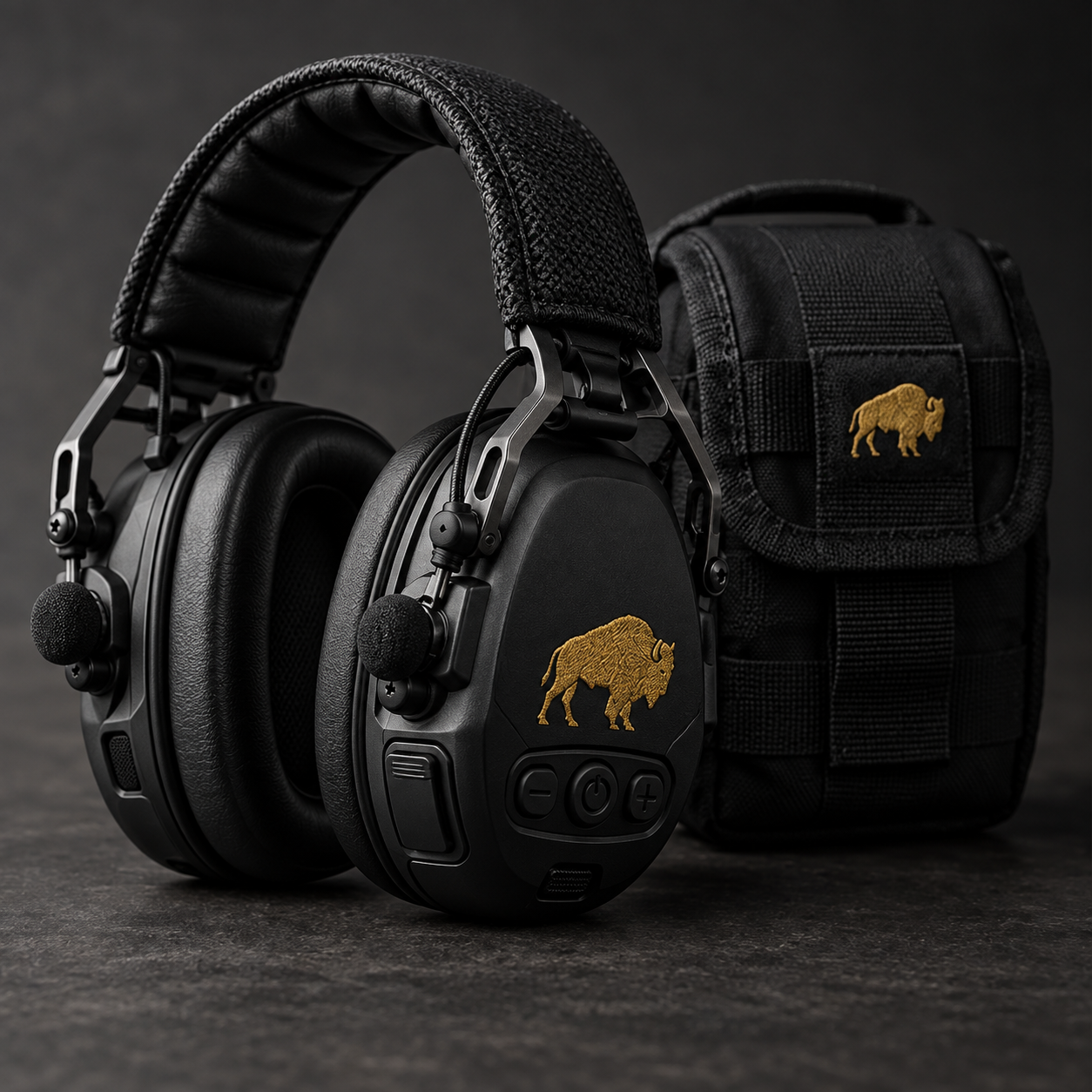 Illustrative premium electronic range hearing protection with prominent gold Millfort bison logo, gel cushions, controls, microphones, and matching field pouch; manufacturer and logo treatment are unconfirmed